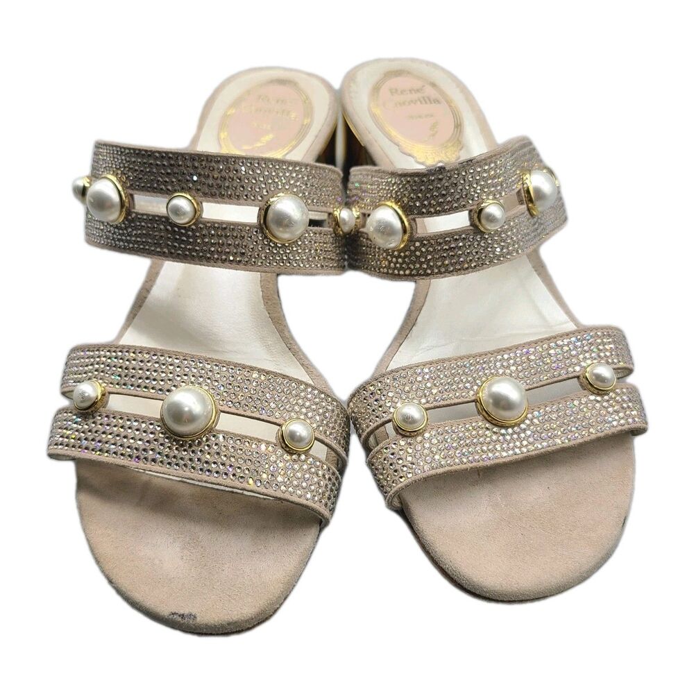 Rene Caovilla Pearl Embellished Sandals Slide Size 7 /37 Gold Block Heel Italy